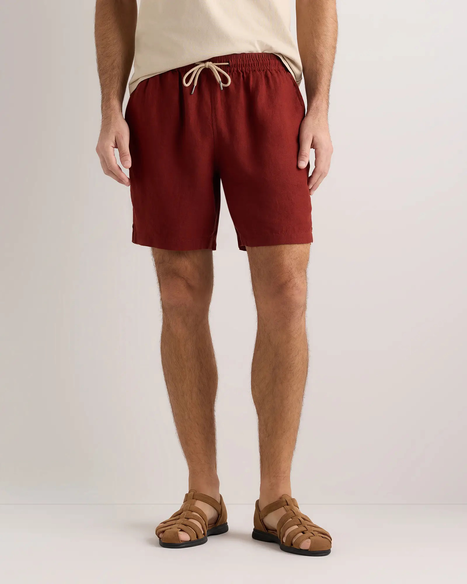 100% European Linen Drawstring Beach Short in Brick | Quince