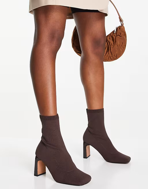 ASOS DESIGN Result square toe sock boots in brown | ASOS (Global)