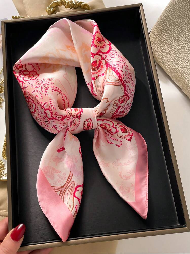 1pc Women's Fashionable And Fresh Pink Printed Polyester Scarf Square Scarf Elegant Bandana,Hair ... | SHEIN
