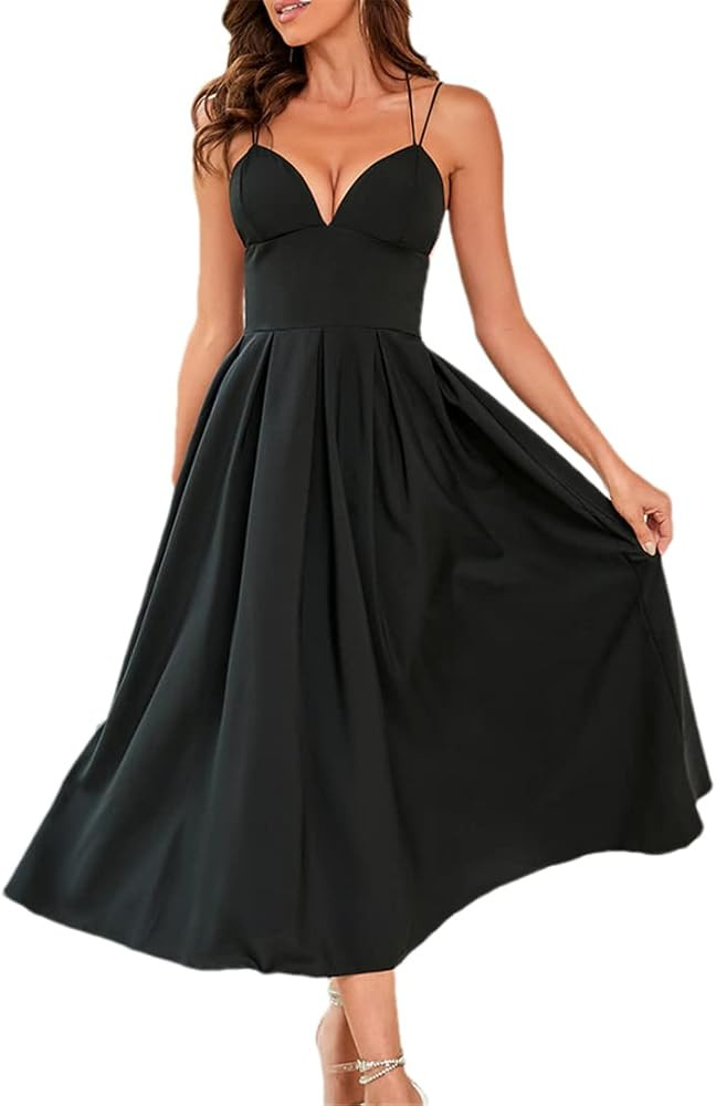 Women's Sexy Thin Straps Criss Cross V Neck Dress Guest Wedding Long Party Midi Vestidos | Amazon (US)