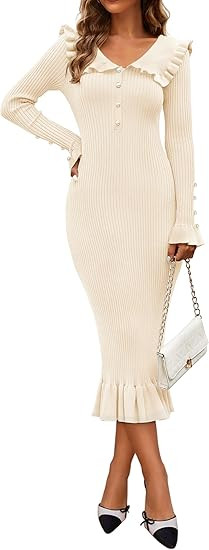 ZESICA Women's Long Sleeve Sweater Dress 2025 Fall Lapel Collar Button Elegant Casual Midi Bodyco... | Amazon (US)