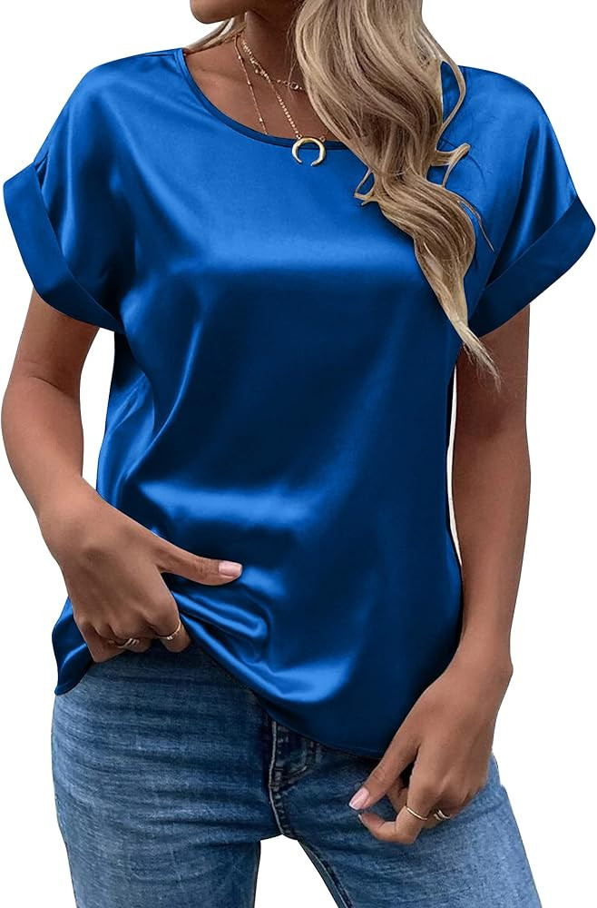 Chigant Women's Short Sleeve Satin Blouses Casual Loose Crewneck Silk Shirts Roll Up Sleeve Tunic... | Amazon (US)