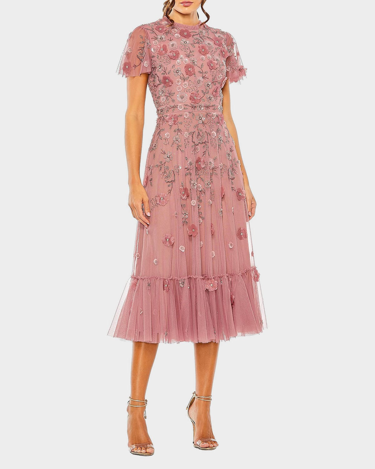 Sequin Floral Applique Tulle Midi Dress | Neiman Marcus