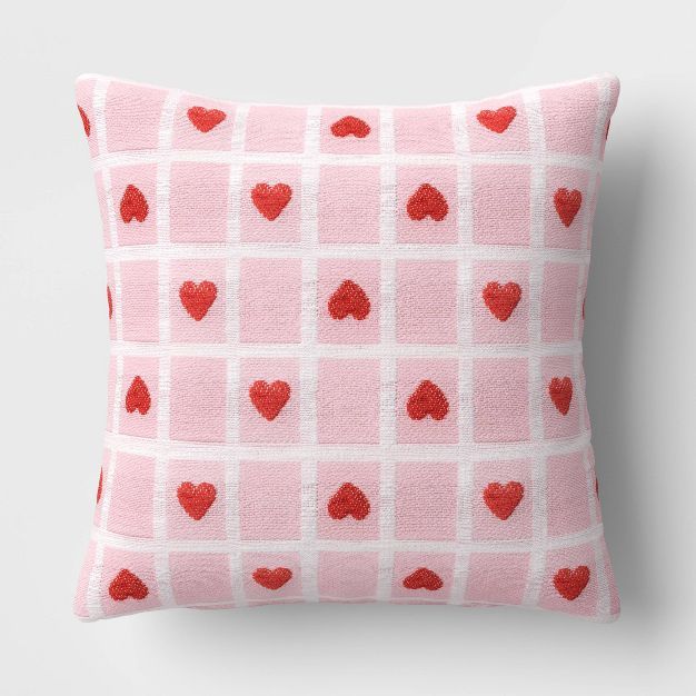 Valentine's Day Checkerboard Hearts Square Throw Pillow Pink - Threshold™ | Target