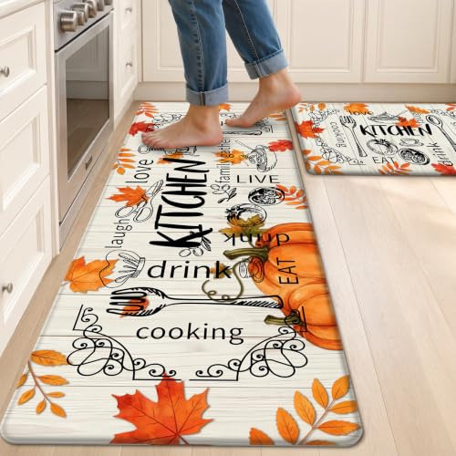 HEBE Fall Kitchen Mat Set of 2, Anti Fatigue Pumpkin Kitchen Mats for Floor | Amazon (US)
