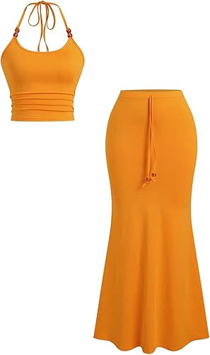 WDIRARA Women's 2 Piece Summer Vacation Outfit Ruched Crop Halter Tops Fishtail Long Skirts Sets | Amazon (US)