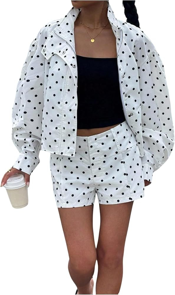 GORGLITTER Women's Polka Dots Matching Set Long Sleeve Zip Up Jacket and Shorts Fall Going Out Ou... | Amazon (US)