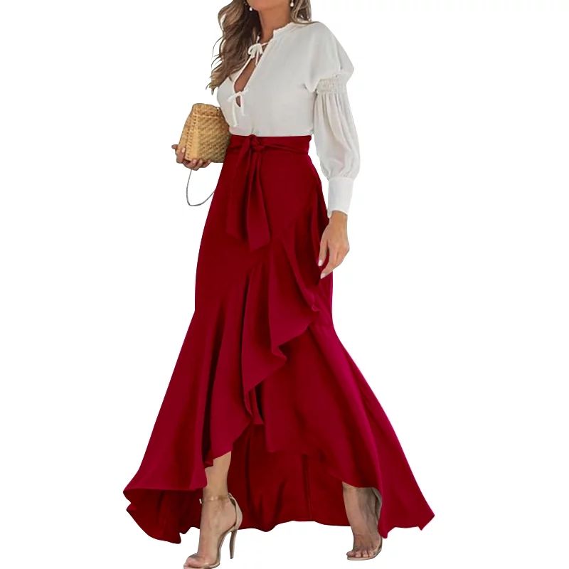 Celmia Women Elastic High Waist Maxi Skirt Ruffle Swing Wrap Dress - Walmart.com | Walmart (US)