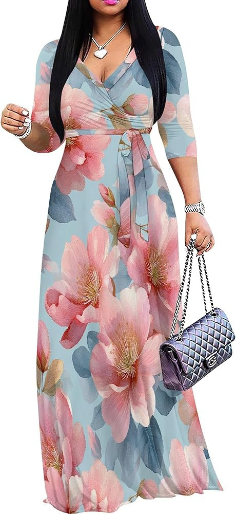 Plus Size Dresses for Women Floral Print Maxi Dress Flowy 3/4 Sleeve with Belt | Amazon (US)