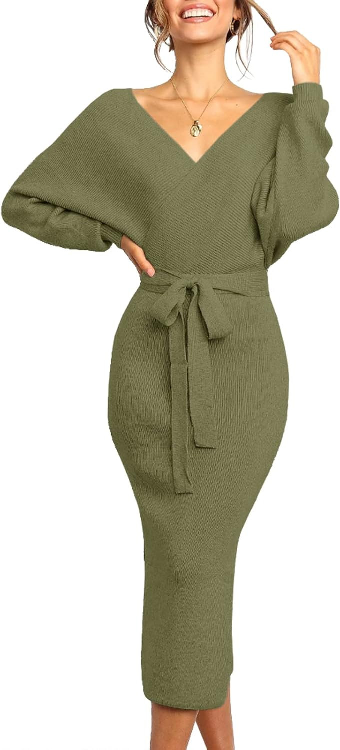 Women's Long Maxi Sweater Dresses Sexy Wrap Batwing V Neck Slit Open Back Holiday Bodycon Dress with Belt | Amazon (US)