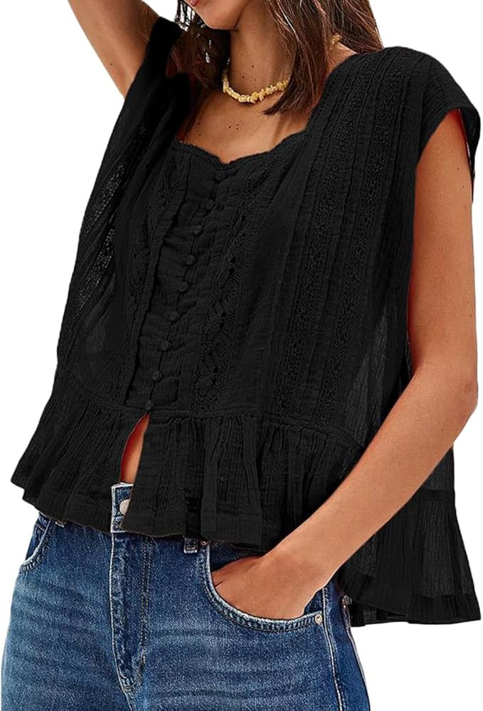 Women Y2k Semi Sheer Blouse Shirt Lace Trim Button Down Short Sleeve Round Neck Casual Going Out ... | Amazon (US)