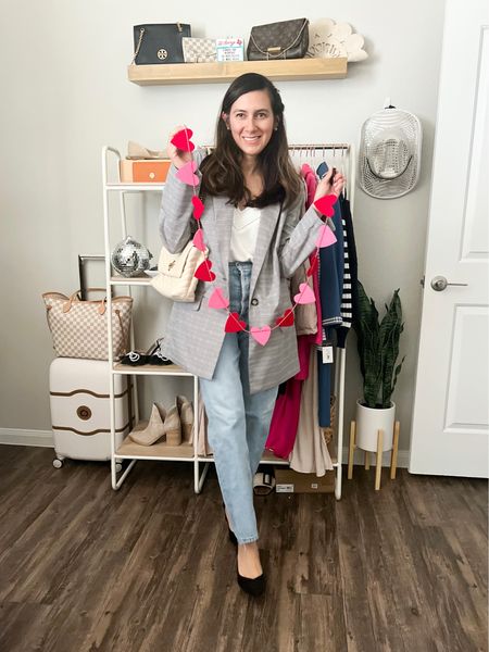 Blazer are still relevant for 2023!! The trend hit hard last year and is still going strong!  I love the oversized boyfriend blazer look.  You can dress it up or down.  Here is a casual look with these 90’s jeans.  Valentine’s Day outfit 
New year, 2023,
pass.the.prosecco.blog 

#LTKFind #LTKstyletip #LTKSeasonal