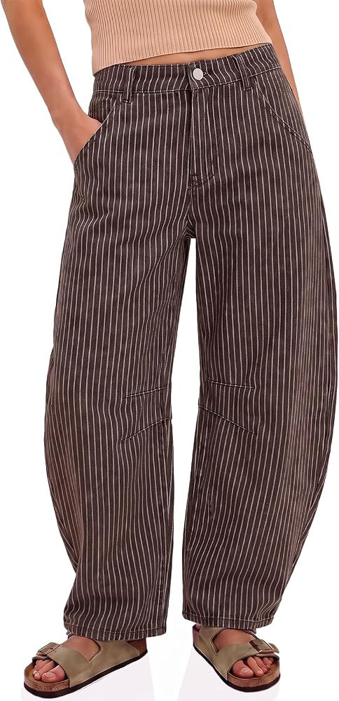 Flowyair Womens Striped Barrel Jean Baggy High Waisted Wide Leg Denim Pants | Amazon (US)