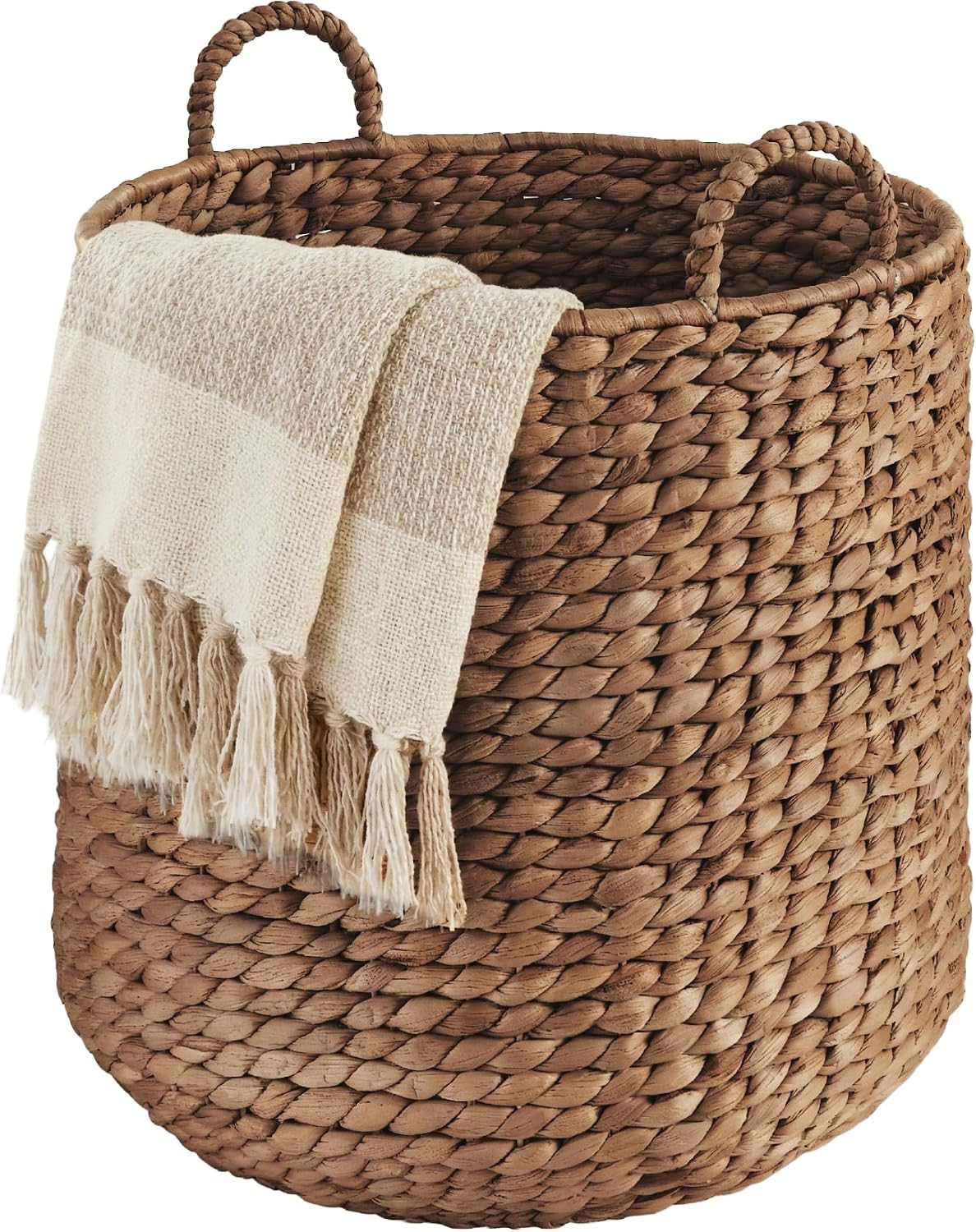 Best Choice Products Round Storage Basket w/Handles, Handwoven Water Hyacinth, Plant Holder, Storage Organizer Tote Bin for Bedroom, Living Room, Bathroom - Chestnut | Amazon (US)