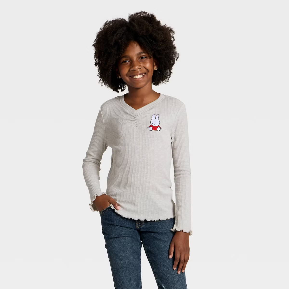 Girls' Miffy Ribbed Long Sleeve Graphic T-Shirt - Gray | Target