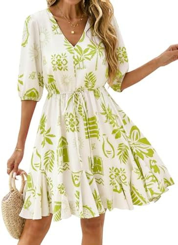 BTFBM Women Summer Spring Floral Boho Dress 2026 V Neck Short Sleeve Ruffle Beach Vacation Clothe... | Amazon (US)
