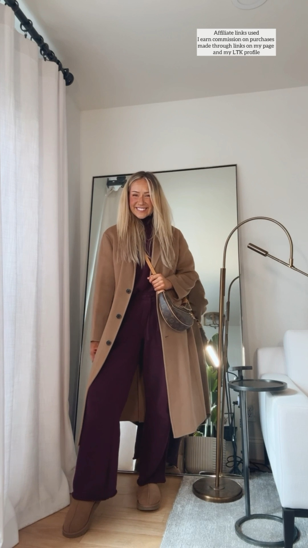 Cute comfortable travel outfit 

Lounge set
Camel coat 

