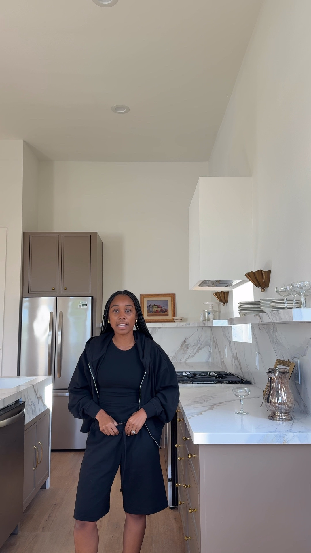 Black sweat shorts and matching zip up hoodie, black crew neck tshirt 

#LTKootd #LTKmomlife #LTKPetite