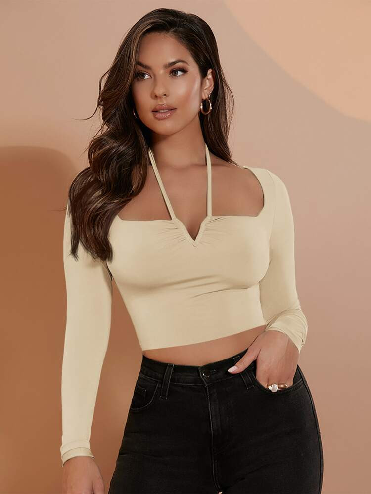 SHEIN Tie Back Solid Crop Tee | SHEIN