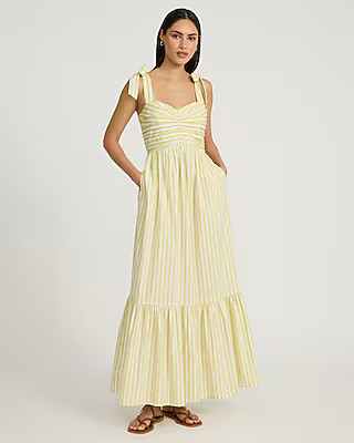 Striped Pleated Sweetheart Tie Shoulder Tiered Maxi Dress | Express