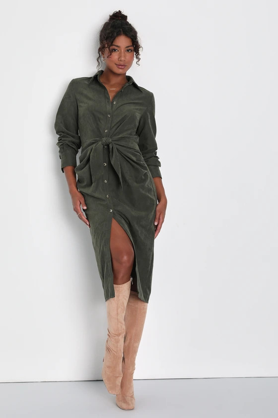 Autumnal Views Olive Green Suede Button-Up Tie-Front Midi Dress | Lulus