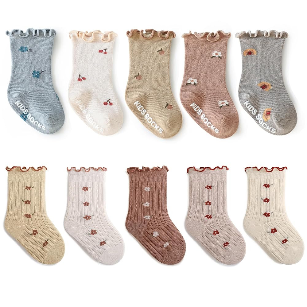 Baby Girls Toddler Socks Organic Cotton Socks Floral Pattern with Non-Skid Gripper for Fall Sprin... | Amazon (US)