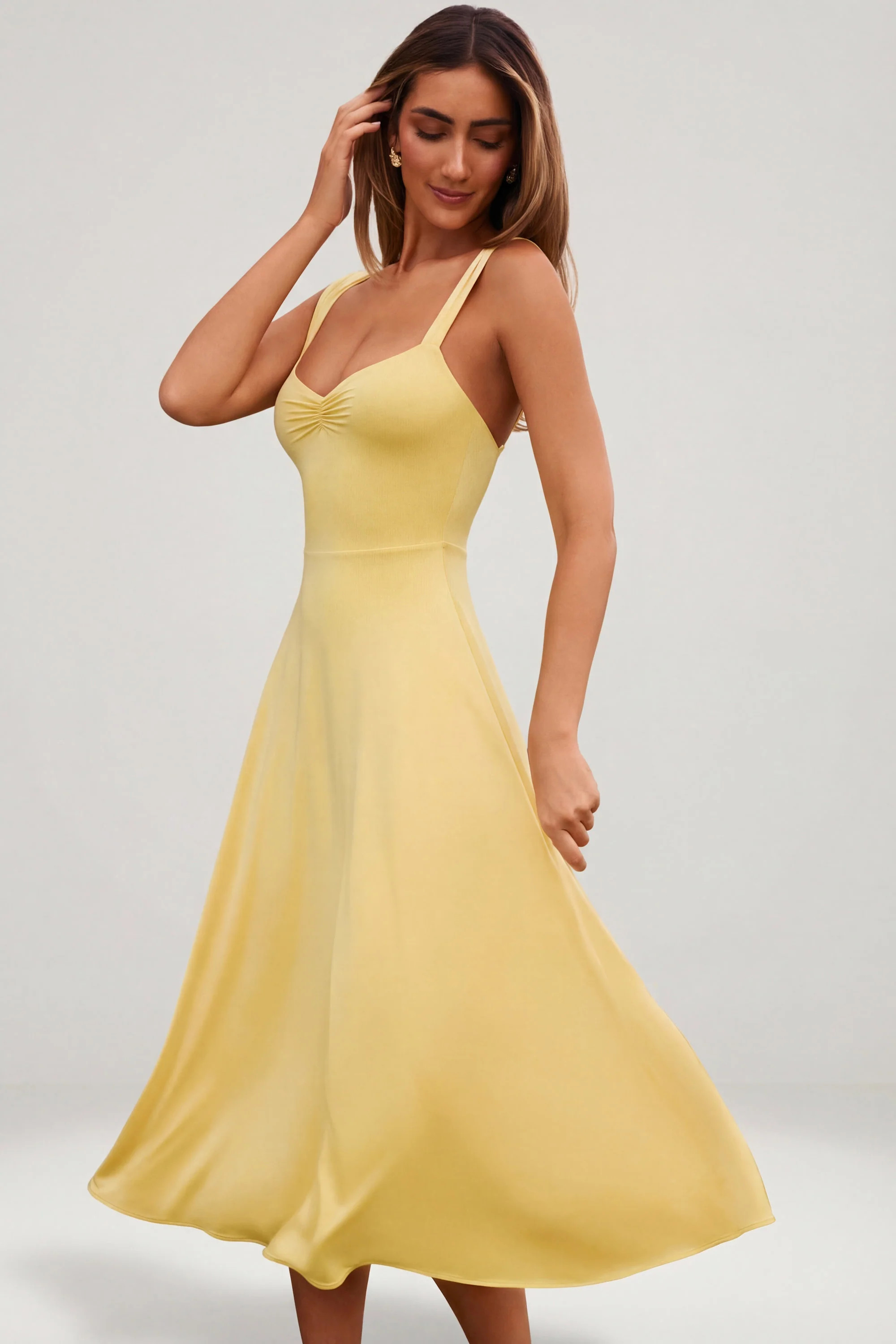 Sweetheart-Neck Ruched Midaxi Dress in Pastel Yellow | Oh Polly