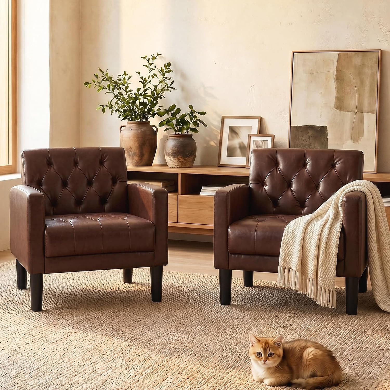 Leather Accent Chairs Set of 2, Tufted Armchairs for Living Room | Amazon (US)