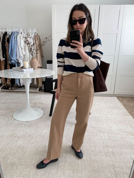 J.crew fall outfits. Petite neutral fall outfits. J.Crew Kate trousers. 

Sweater - J.Crew small
Trousers - j.Crew petite 0
Flats - j.crew 5
Bag - j.crew 
Sunglasses - YSL