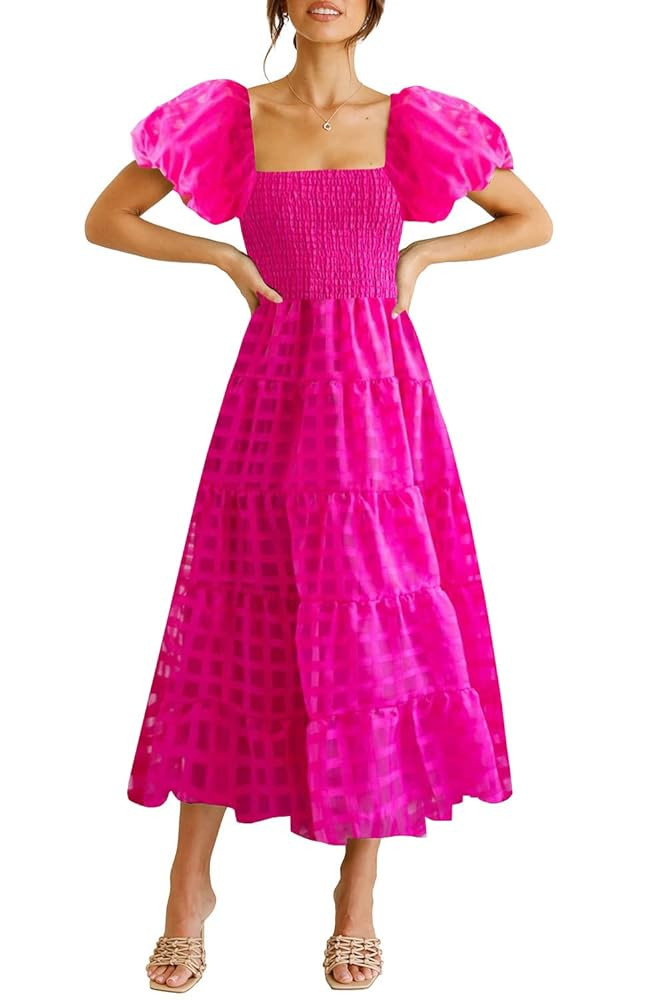 Women's Boho Floral Midi Dress Ruffle Hem Puffy Short Sleeve Summer Maxi Dress | Amazon (US)