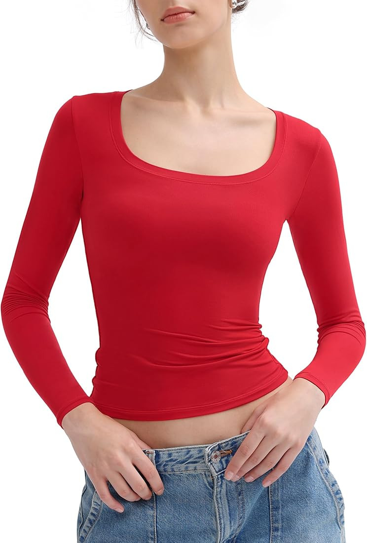 PUMIEY Women's Long Sleeve T Shirts Scoop Neck Slim Fit Going Out Tops Double Lined Basic Tee Smo... | Amazon (US)