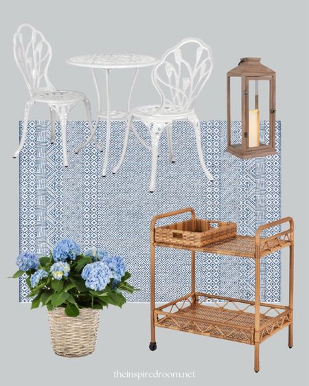 Spring and summer decorating inspiration 🌿 Walmart bistro table and chair set, rattan steel bar tea cart, live hydrangeas in basket, lantern, outdoor rug (find 5 more outdoor mood boards with simple swaps on theinspiredroom.net) 

#LTKSale #LTKhome #LTKSeasonal