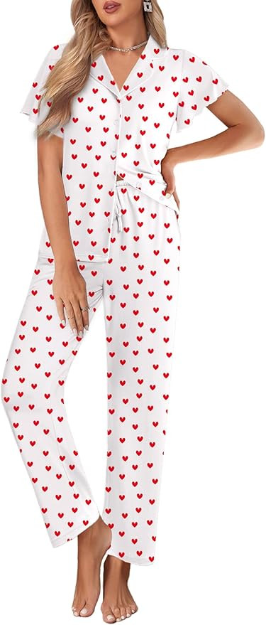 Ekouaer Pajamas for Women Set Button Up Sleepwear Cute Pjs Ruffle Sleeve Notch Collar Loungewear ... | Amazon (US)