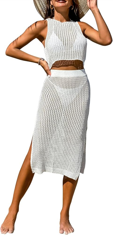 Pink Queen Women 2 Piece Swimsuit Crochet Hollow Out Swim Cover Up Bikini Swimwear Knit Mesh Tuni... | Amazon (US)