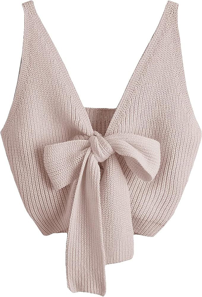 SweatyRocks Women's V Neck Tie Front Sleeveless Knit Crop Cami Tank Top | Amazon (US)