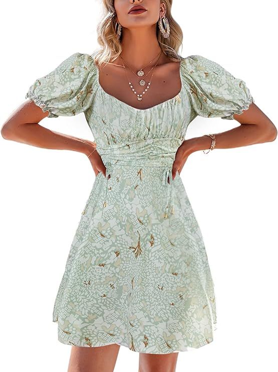 GRACEVINES Women’s Square Neck Ruffle Floral Print Mini Dress High Waist Smocked Summer Boho Sh... | Amazon (US)