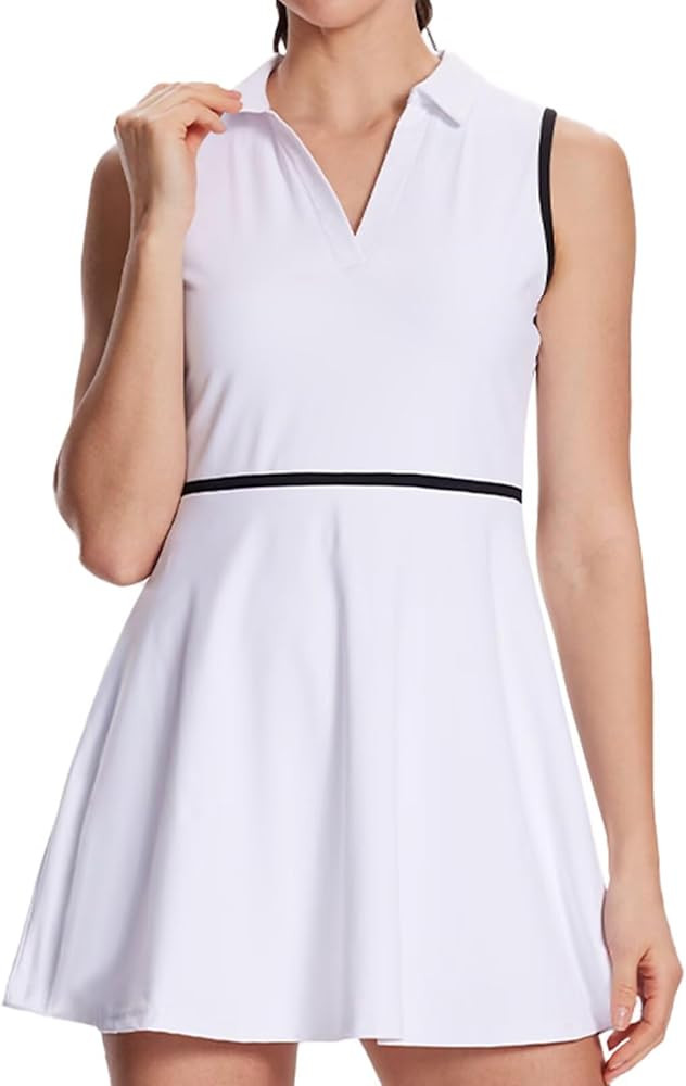 Women's Tennis Dress with Detachable Pocket Shorts, Convertible V-Neck & Polo Collar for Golf Gym | Amazon (US)
