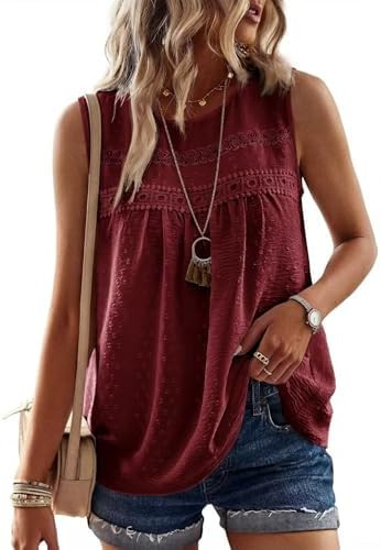 Falechay Womens Summer Tops Boho Shirts Crewneck Sleeveless Tank Tops Flowy Lace Hem Casual Blous... | Amazon (US)