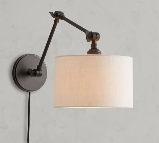 Articulating Arm Linen Drum Shade Plug-In Sconce | Pottery Barn (US)