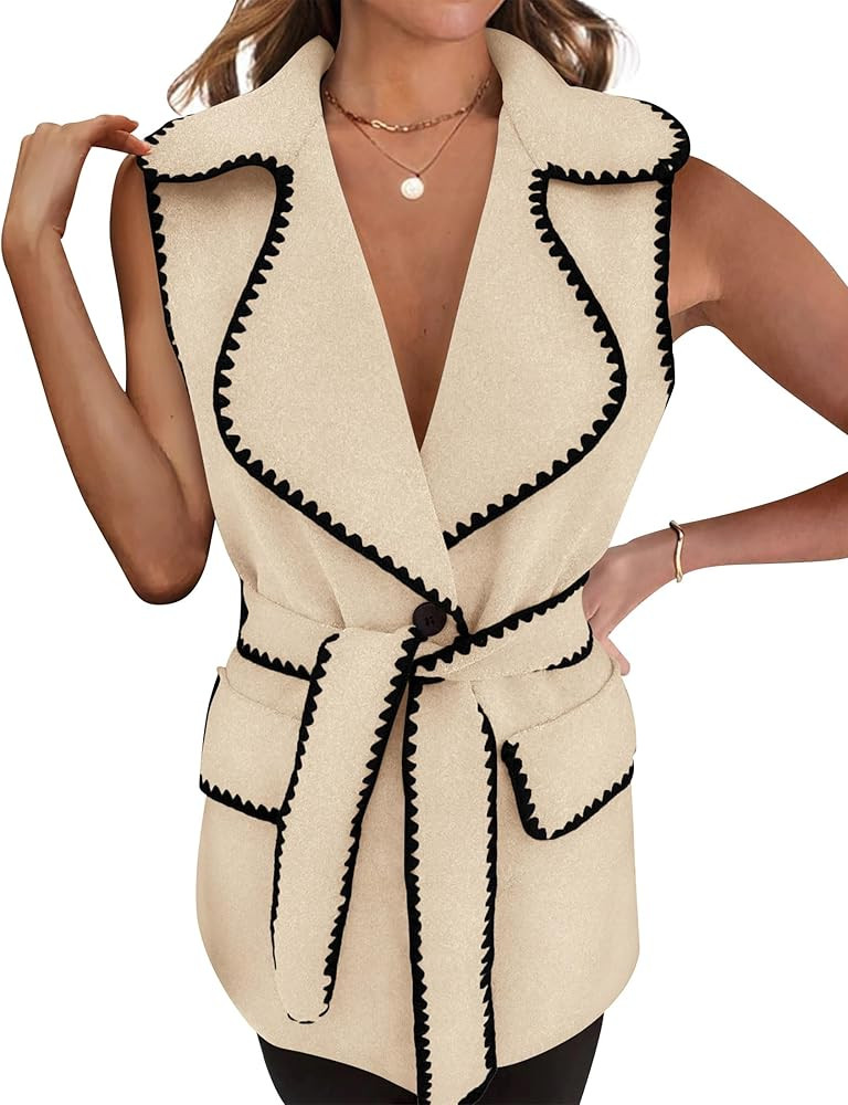 PRETTYGARDEN Womens Winter Coats V Neck Button Belt Pockets Sleeveless Cardigan Fall Warm Long Ve... | Amazon (US)
