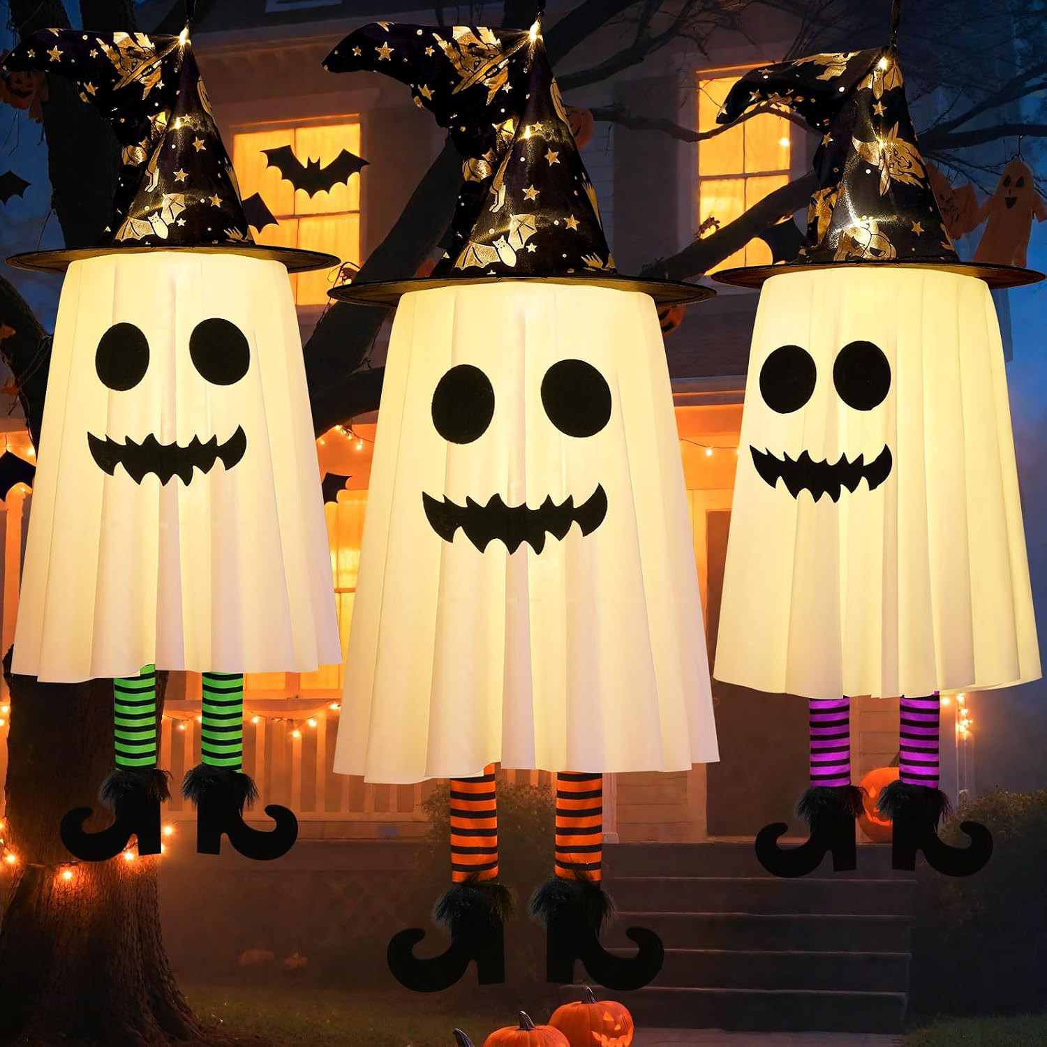 3 Packs Halloween Decorations Outdoor, Hanging Ghosts String Lights Halloween Decor, Spooky Cute Glowing Ghost Witch Hat Lights 3 Modes for Patio Yard Front Porch Tree House Party(18 Batteries) | Amazon (US)