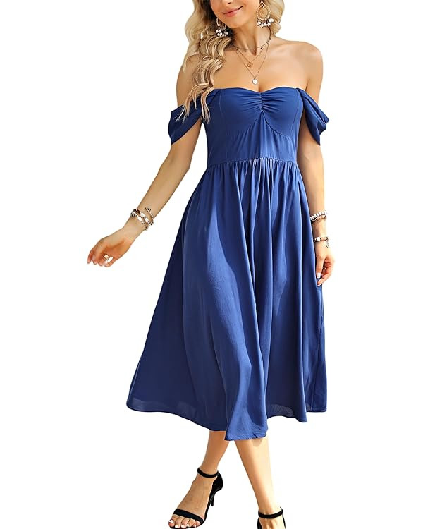 Kormei Women's Summer Boho Floral Off Shoulder Short Sleeve A Line Swing Party Midi Short Dress | Amazon (US)