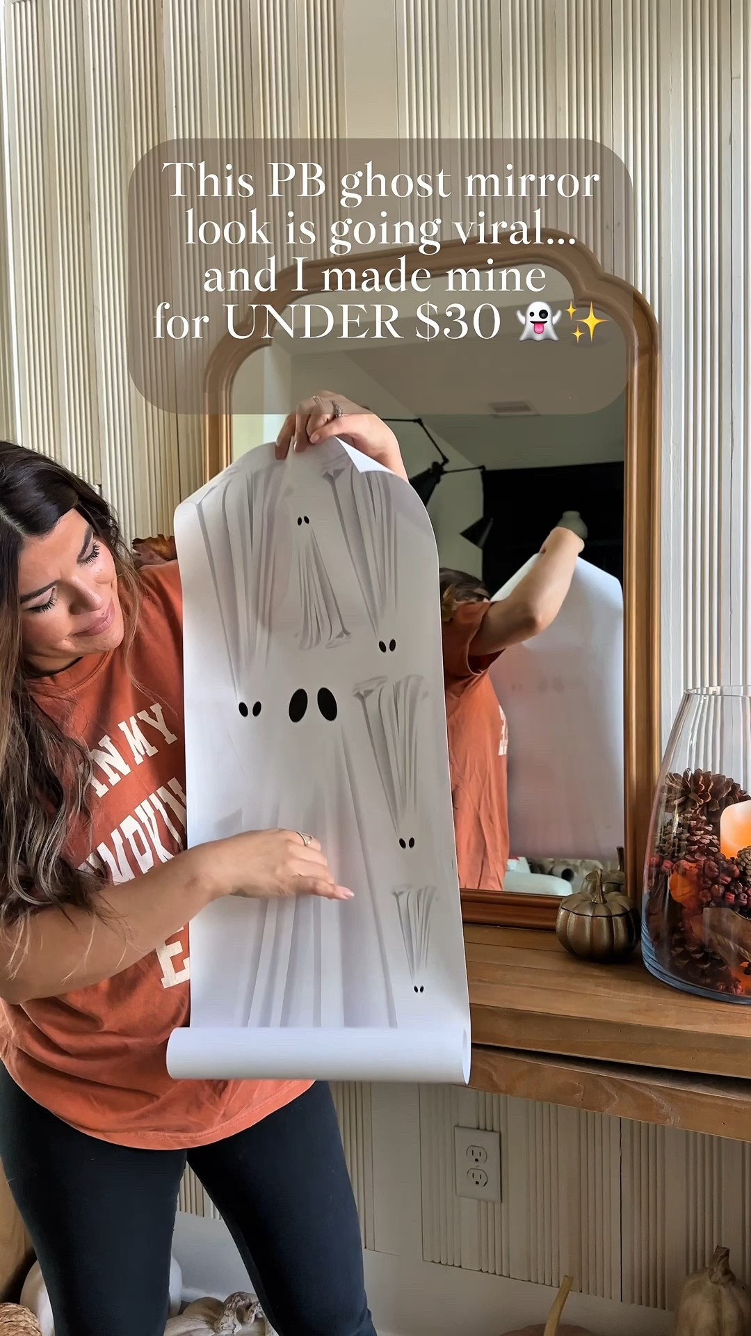 Who else is obsessed with the Pottery Barn ghost mirror this year?! 👻 Instead of spending $$$, I recreated the look with a ghost decal + rechargeable light from Amazon on a mirror I already had 🪞✨ Such an easy DIY and a fraction of the price! #BudgetFriendlyDecor
#ghostmirror #potterybarndupe #falldecorideas #halloweendecor #budgetdecor #amazonfinds #homedecoronabudget #viralhacks #spookyseasonvibes #homedecortok #falldiy #cozyhalloween

#LTKHome #LTKSeasonal #LTKU