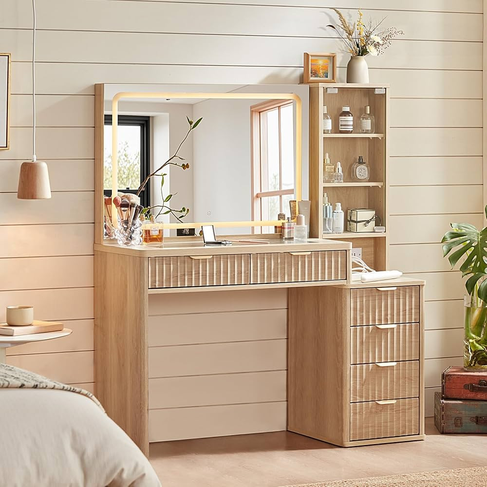 LEYAOYAO Vanity Desk with Mirror and Lights, 43.5'' Fluted Makeup Vanity with 6 Drawers and Adjus... | Amazon (US)