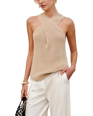 Yeokou Women Halter Cross Over Collar Tank Knit Sleeveless Top Solid Color Casual Summer Blouse | Amazon (US)