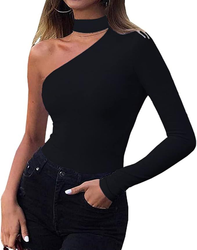 GEMBERA Women’s Sexy Off One Shoulder Cut Out Long Sleeve Stretchy Bodycon Leotard Bodysuit | Amazon (US)
