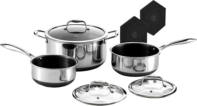 HexClad Hybrid Nonstick 6-Piece Pot Set with Trivets, 2, 3, and 8-Quart Pots with Tempered Glass ... | Amazon (US)