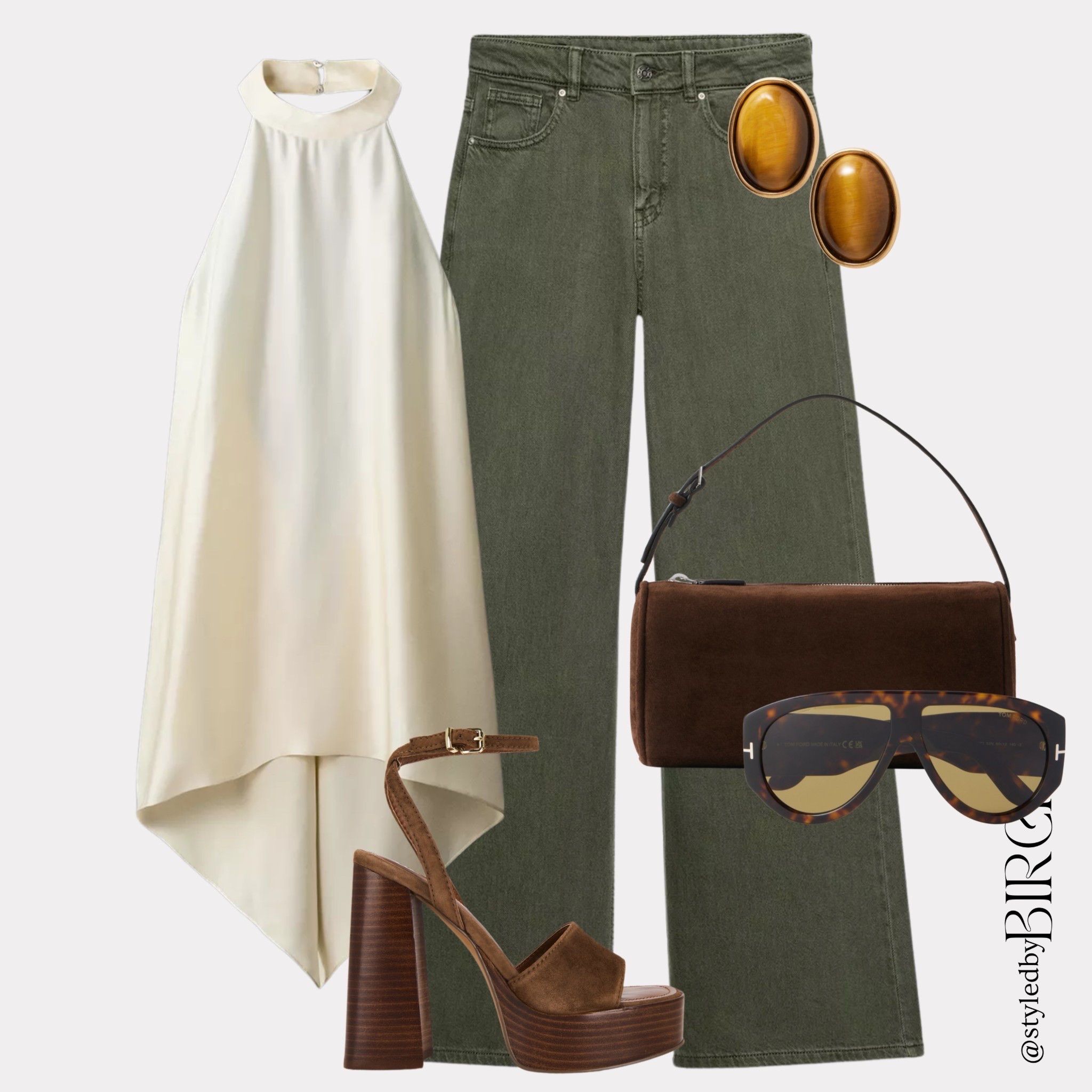Chic modern 70s and 80s vibes and I could not love it more 🤎

#ootd #outfitinspo #70sfashion #modernvintage #chicstyle

Tags 🏷️
Cream asymmetric halter top, olive wide leg jeans, dark brown suede shoulder bag, brown suede platform heels, tiger eye gold oval earrings, tortoiseshell Tom Ford sunglasses
