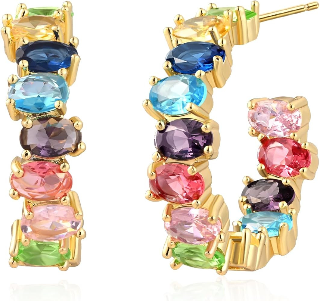 Large Colorful Crystal Cubic Zirconia Earrings for Women Big Rainbow Chunky Half Hoops for Births... | Amazon (US)
