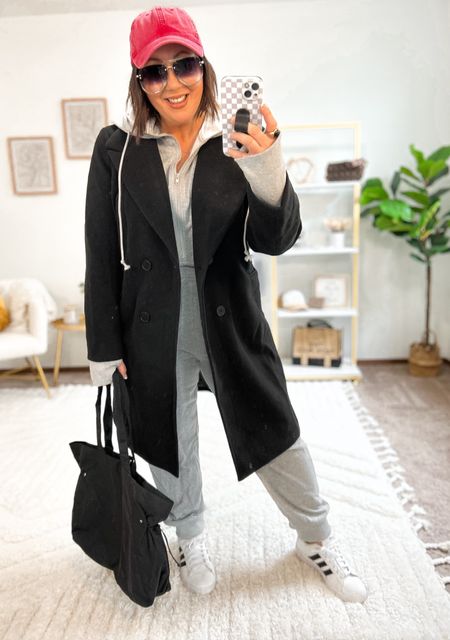 Casual weekend look!  Large jogger jumpsuit!  This thing is so dang comfy!  Fits tts. XL long peacoat. Love adding this as a dressier layer to casual outfits. Lululemon look a-like gym bag!  

#LTKmidsize #LTKSeasonal #LTKfindsunder50